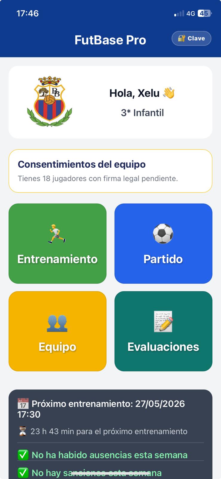 App móvil de FBPRO con accesos a entrenamientos, partidos, equipo y evaluaciones