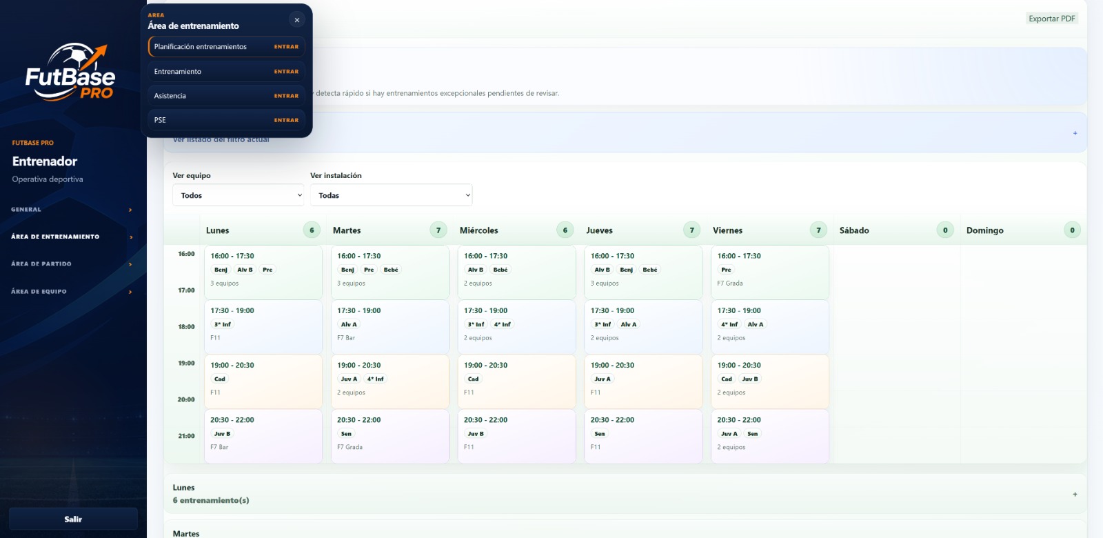 Panel web de FBPRO para gestión deportiva de clubes de fútbol base